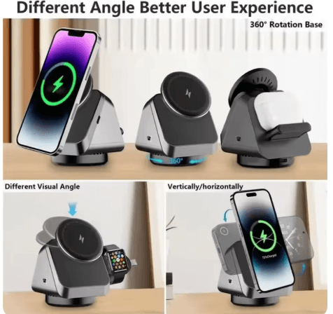 알리 맥세이프 360° 회전 3 in 1 무선 충전 스탠드 1 아이폰, 애플워치, 에어팟을 동시에 충전할 수 있는 알리 맥세이프 360° 회전 3 in 1 무선 충전 스탠드로 책상과 침대 옆을 깔끔하게 정리하세요